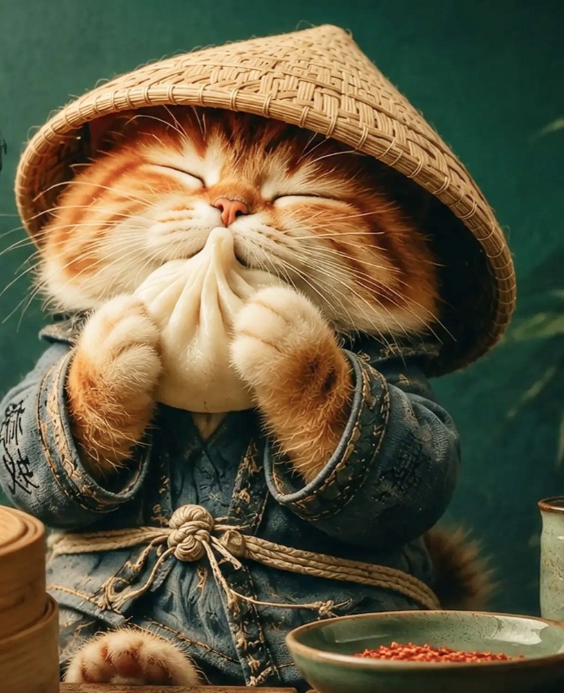 The ginger cat in a straw hat, paws pressed around a dumpling